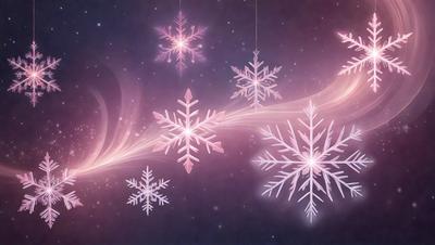 The primary subject of the image is a group of snowflakes, which are the main objects in the scene. The setting is a night sky, with the snowflakes floating in the air. The visual style is a digital art, as the snowflakes are depicted in a stylized manner. The colors and mood of the image are predominantly pink and purple, creating a warm and inviting atmosphere.